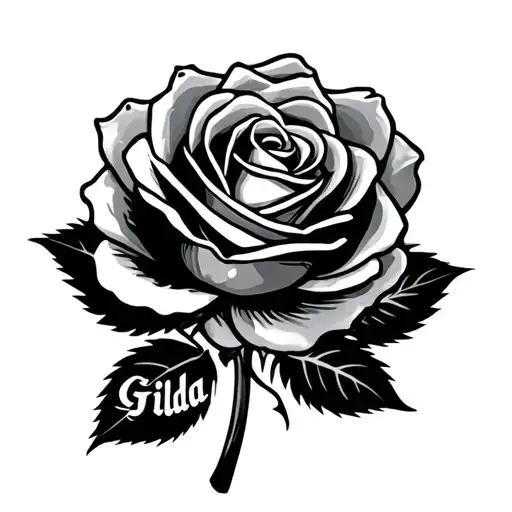 A Colorless Tattoo Of A Rose With The Name Gilda Along The Stem