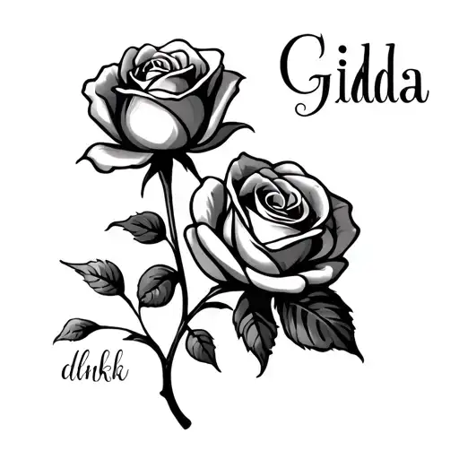 A Colorless Tattoo Of A Rose With The Name Gilda Along The Stem Blink The