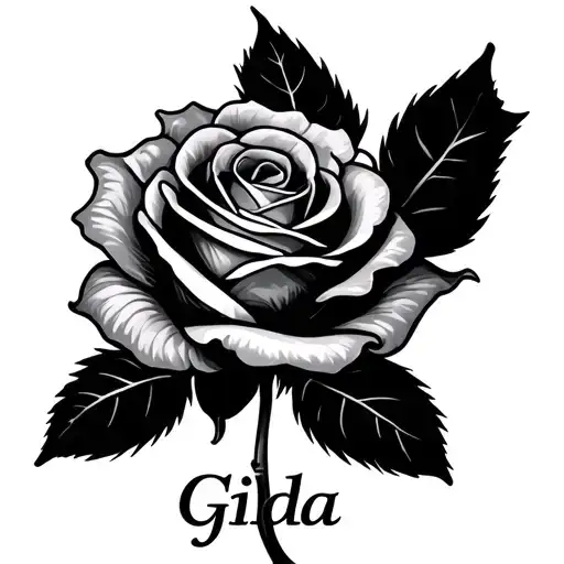 A Colorless Tattoo Of A Rose With The Name Gilda Along The Stem Small