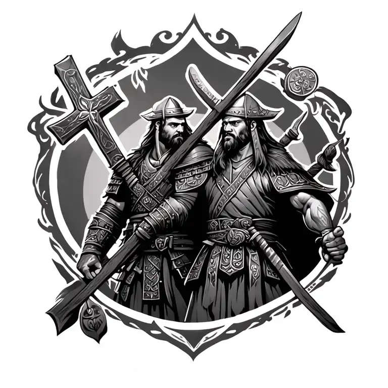 Samurai And Viking Holding A Cross