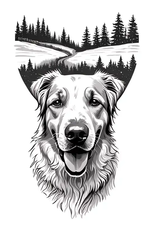 Golden Retriever Face Surrounded By A Nature Trail And Trees