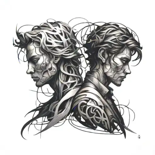 An Abstract Tattoo Of A Stranger And A Familiar Person Intertwined In A Dance Of Shadows