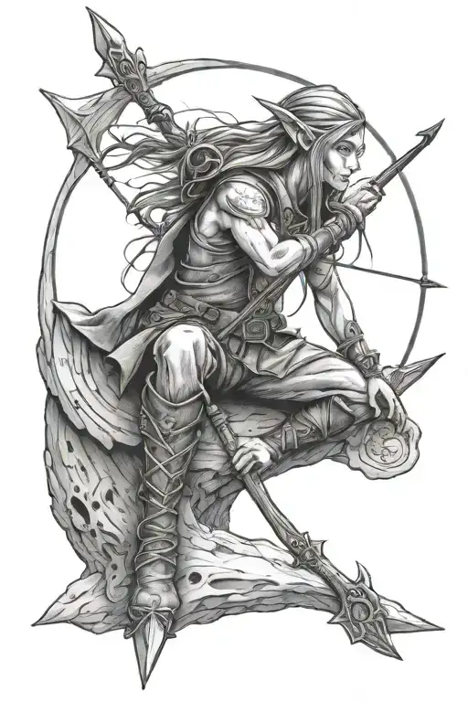 Wood Elf Sitting On A Moon With Bow And Arrow