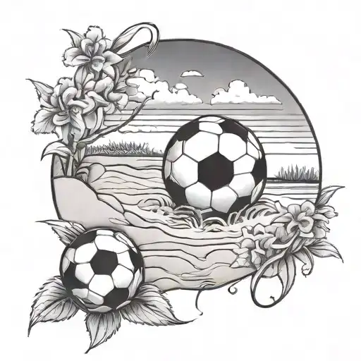 A Serene Beach Scene With A Soccer Ball Rolling In The Sand And A Field Of Flowers In The Background