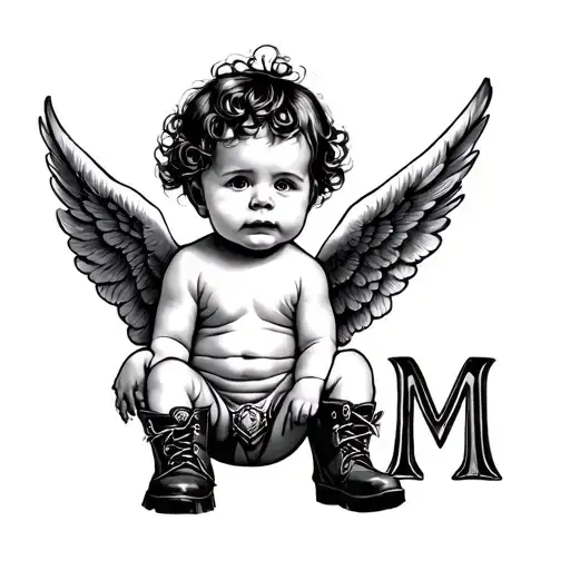 Baby With Wings And Boots With Letter M