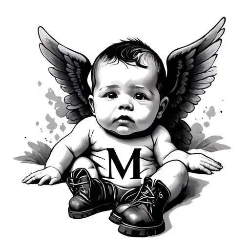 Black Baby With Wings And Boots With Letter M