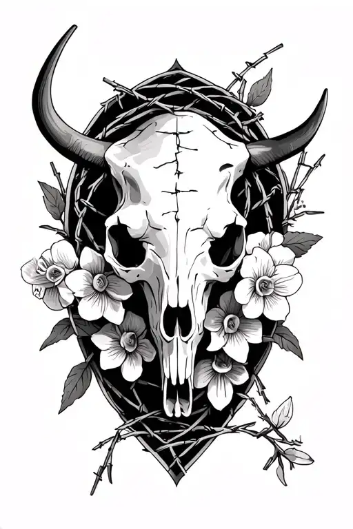 Spine Tattoo With Barb Wire With Narcissus Flowers And A Steer Skull