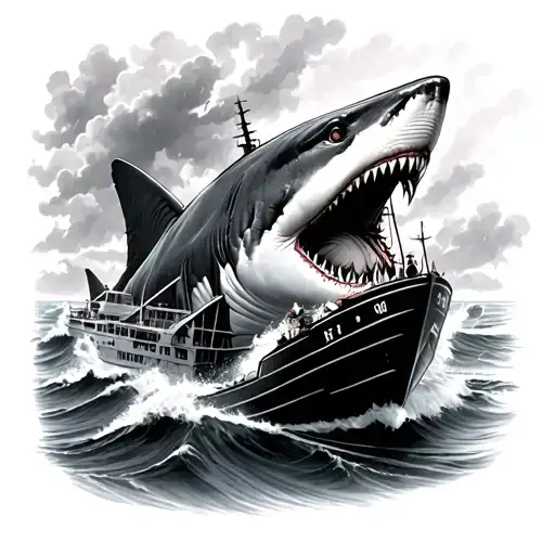 A Giant Shark Sinking A Ferry On A Stormy Sea With And Clouded Skied