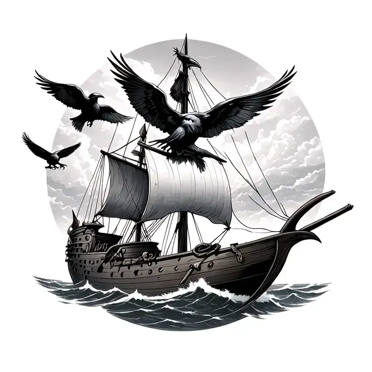 Viking Longship With Ravens And Odin Looking Down From The Sky