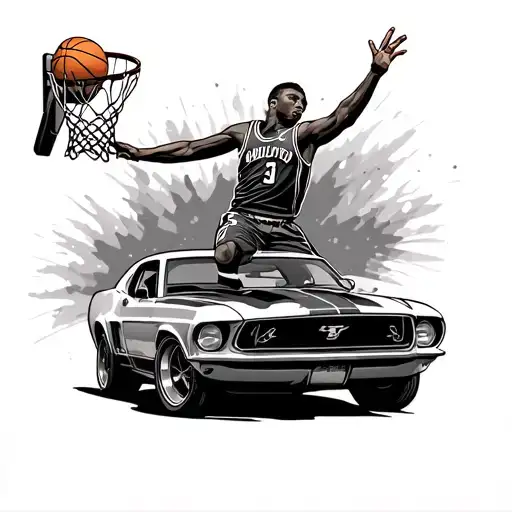 Basketball Player Dunking Over A Old Mustang Car