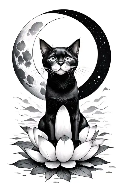 Black Cat Looking Towards The Sky Sitting On A Lotus Flower And A Moon Crescent In The Background