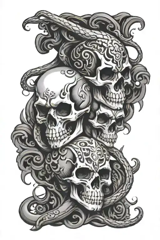 Skulls Hear Can't See Can't Speak With Snake Chicano Style Black And White