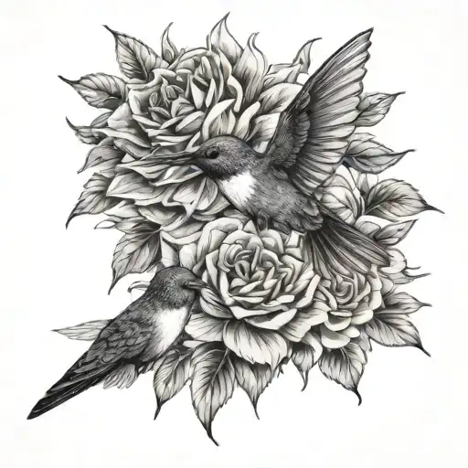 Sunflowers And Roses With A Hummingbird In Flight