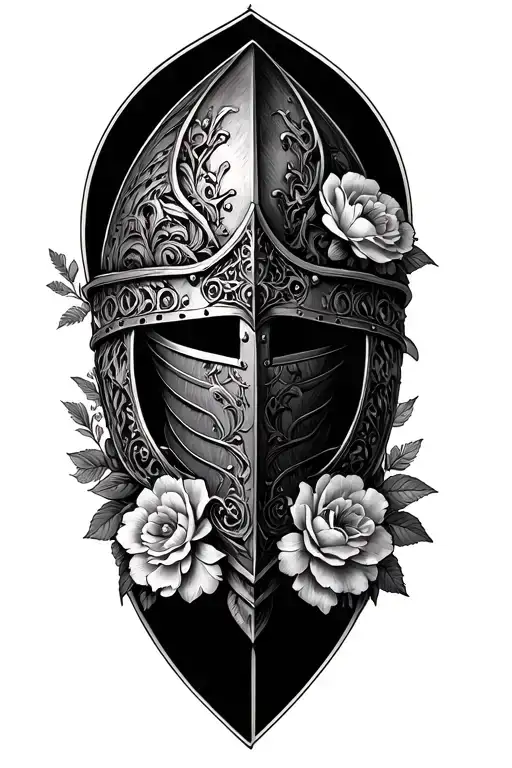 Engraving Style Tattoo Of A Knight Helmet Gothic Inspired Tattoo And With Some Baroque Style Flowers