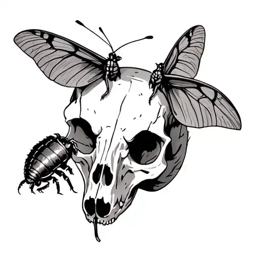 Badger Skull With A Isopod Insect And A Luna Moth Resting