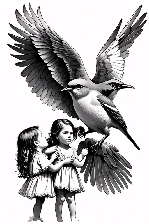 A Tattoo From A Mockingbird Protecting 2 Little Girls Under His Opened Wings