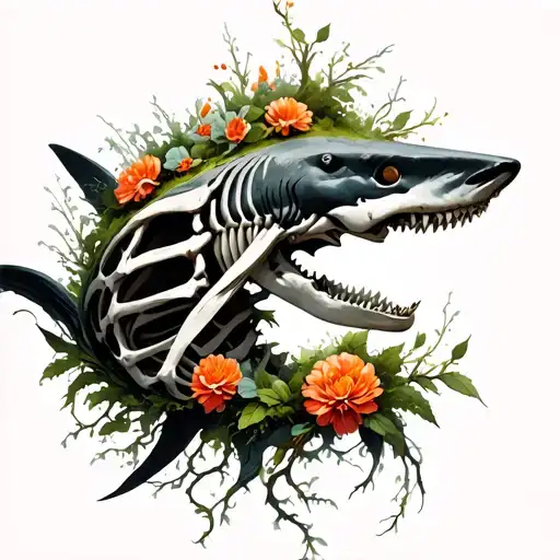 A Sharks Skeleton With Moss And Vines And Flowers Wrapped Around