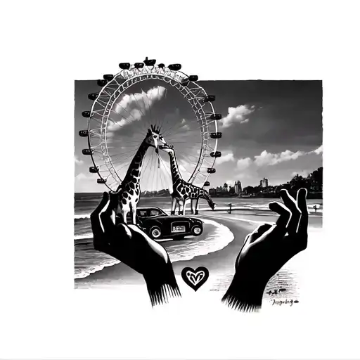 London Eye Surrounded Beach Scene With Ziraffe And A Car Dashboard With A Heart Shape Couple Hands