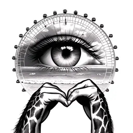 London Eye Surrounded Beach Scene With Ziraffe And A Car Dashboard With A Heart Shape Couple Hands