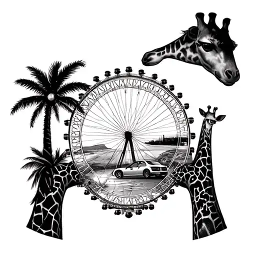 London Eye Surrounded Beach Scene With Ziraffe And A Car Dashboard With A Heart Shape Couple Hands
