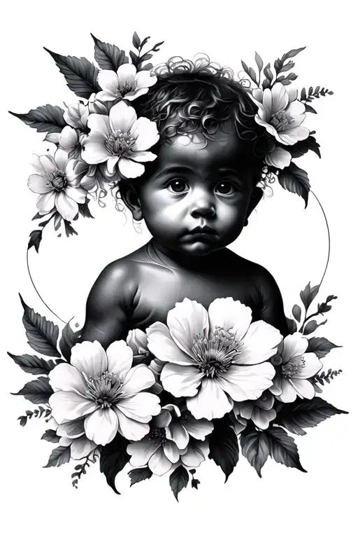 Baby Portrait Surrounded By Blooming Flowers