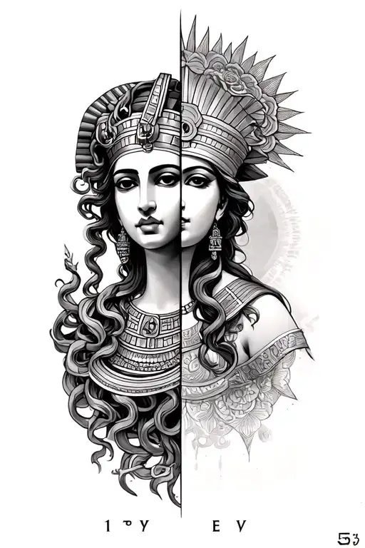 Half Sleeve That's Half Medusa Half Nefertiti