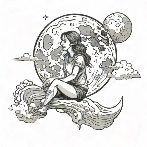 A Girl Sitting On The Moon Against A Calm Sky