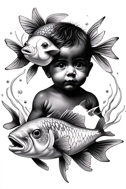 Baby Portrait Surrounded By Fish Swimming