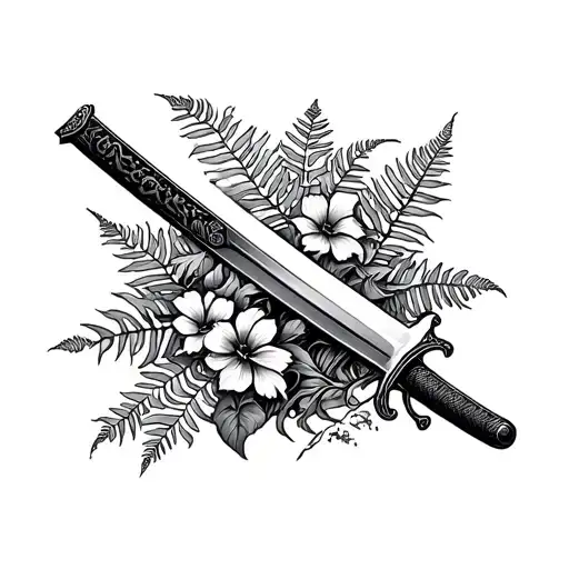 Samurai Sword In The Ground With Ferns And Flowers