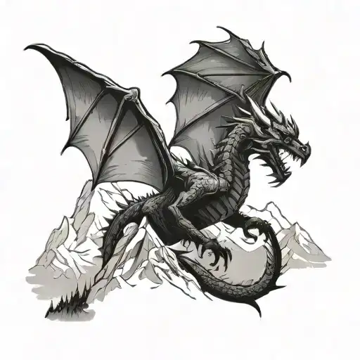 A Gothic Dragon Silhouette Against A Swiss Mountain Backdrop