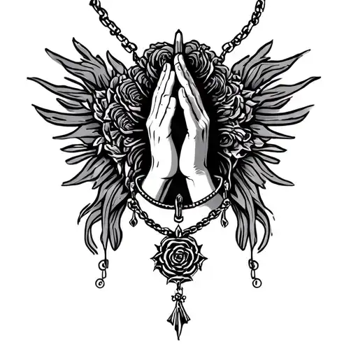 Praying Hands With Rosario Necklace