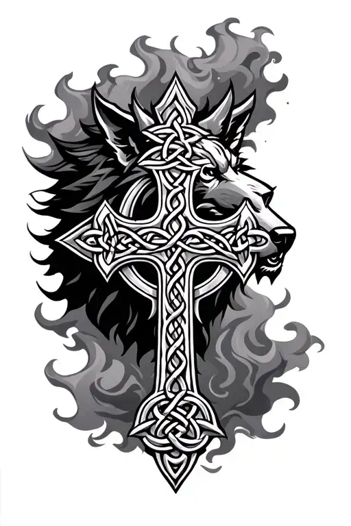Celtic Cross Behind Wolf Head Surrounded With Smoke Effect