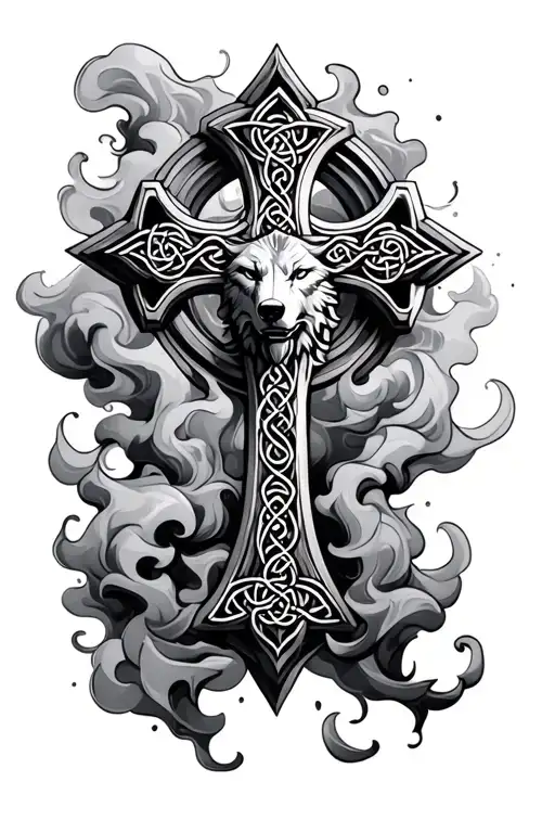 Celtic Cross With Wolf Head In Middle Surrounded With Smoke Effect