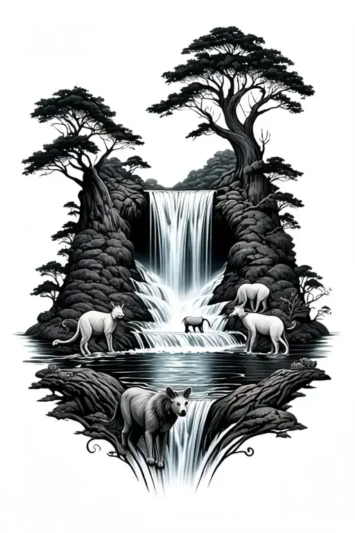 Waterfall With Animals Near By