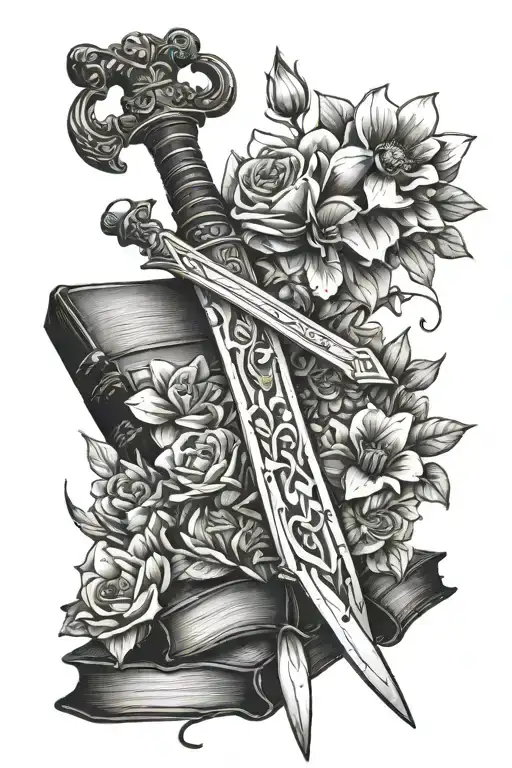 A Sword Through Books Surrounded By Flowers