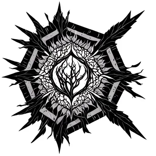 Sharp Hexagon With Yggdrasil In Centre In Black And White