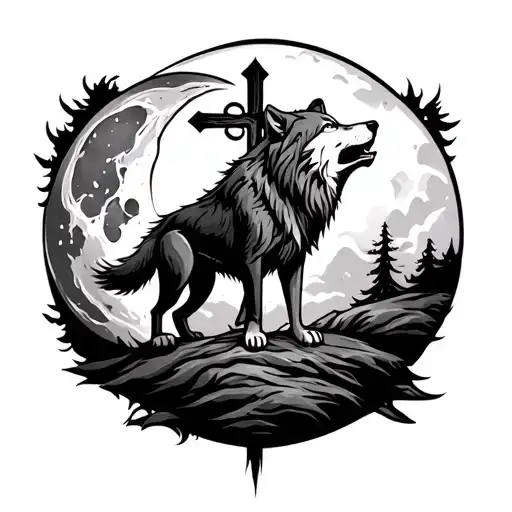 Wolf Howling At Moon With A Cross