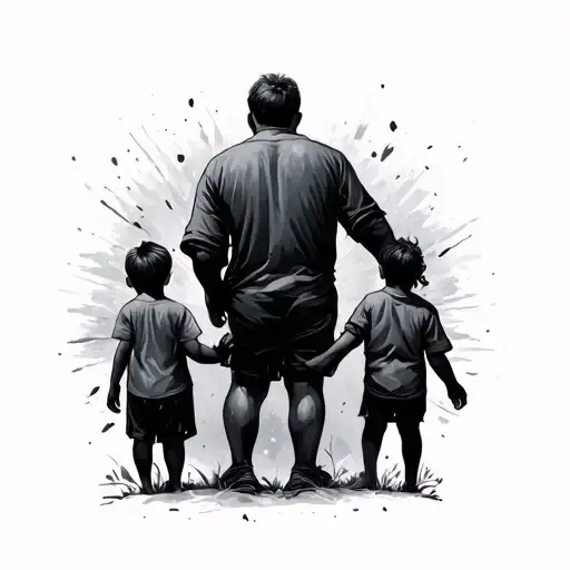 Father And Two Child Holding Hands