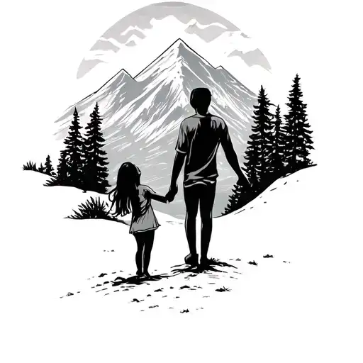 Father And Two Girls Holding Hands Looking Up To Mountain And Trees