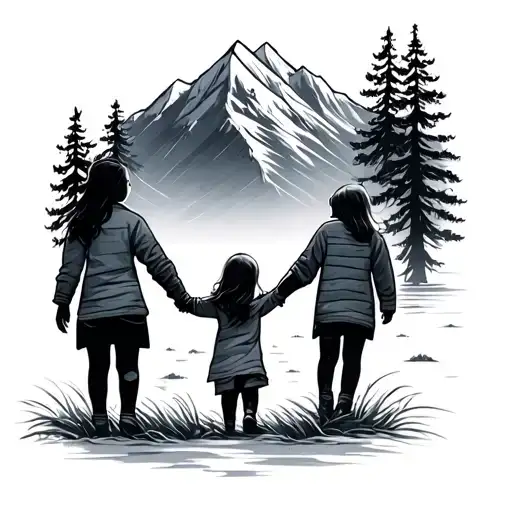 Father And Two Daughters Holding Hands Looking Up To Mountain And Trees