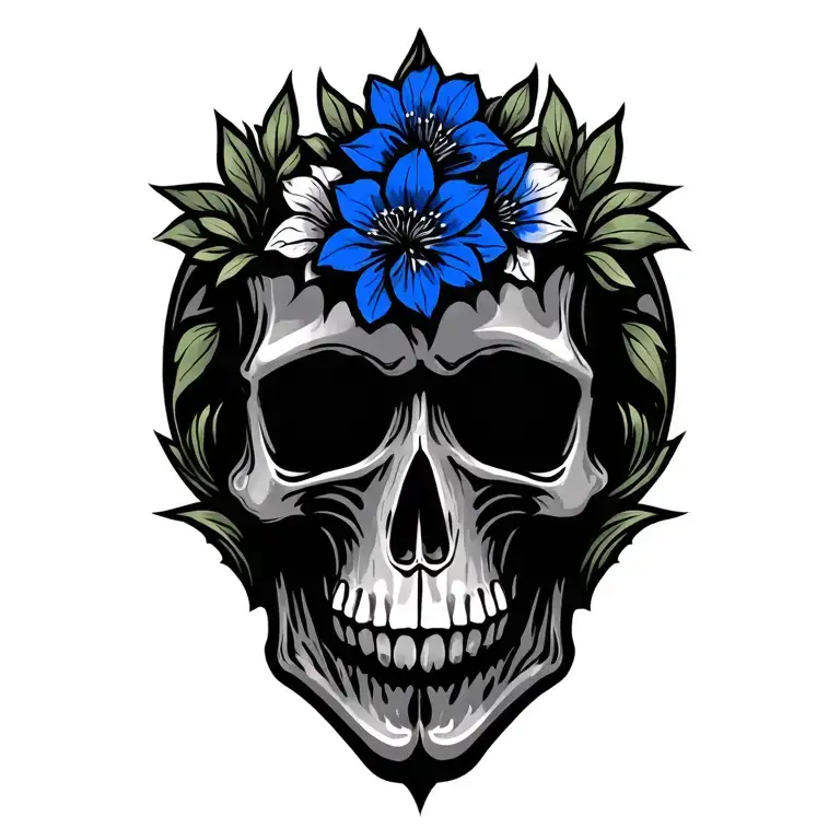 Tribal Skull With Blue Colorado Columbines And Vines