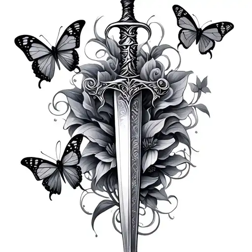 Dagger And 5 Butterflies Intertwined