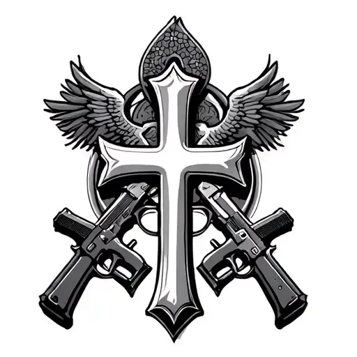 Big Cross In Middle And 2 Other Small Cross Beside Of It Also Include A Gun
