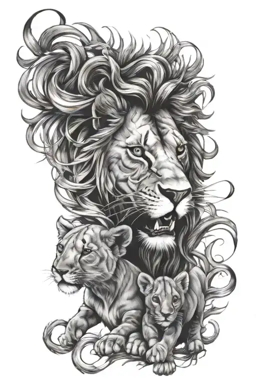 Lion And 2 Cubs Fierce