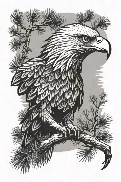 Eagle With Pine Tree In Background Black And White