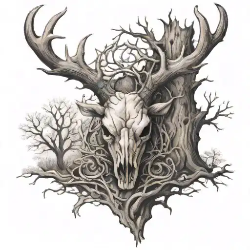 Oak Without Leaves And A Bull Skull On The Tree And Coordinates Written Underneath The Tree