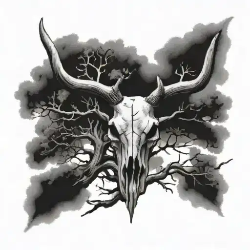 Oak Without Leaves And A Bull Skull On The Tree And Coordinates Written Underneath The Tree