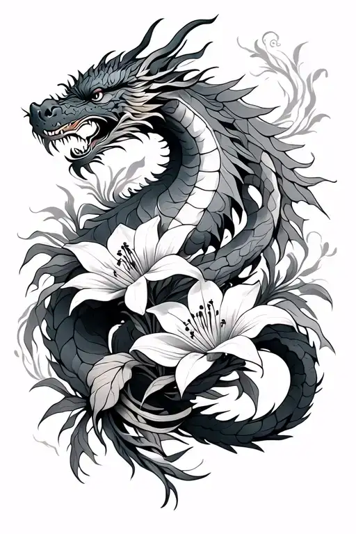 Asymmetrical Design With Oriental Dragon Intertwined With Spider Lily Flowers