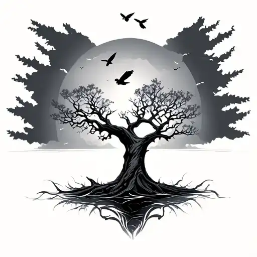 Tree And Birds Flying Away