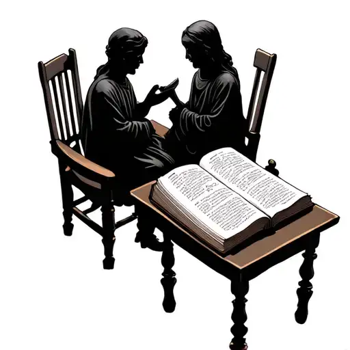 A Black Shadow Reading The Bible At A Small Wooden Table And Next To It There Is A Separated Family